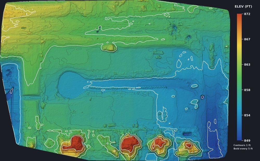 Color-shaded drone elevation map of a development site with 1 ft contour lines