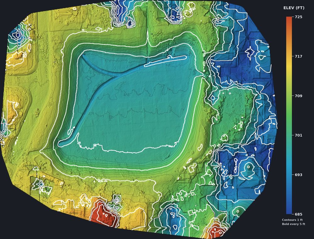 Color elevation map of a stormwater detention basin with 1 ft contour lines and an elevation legend in feet