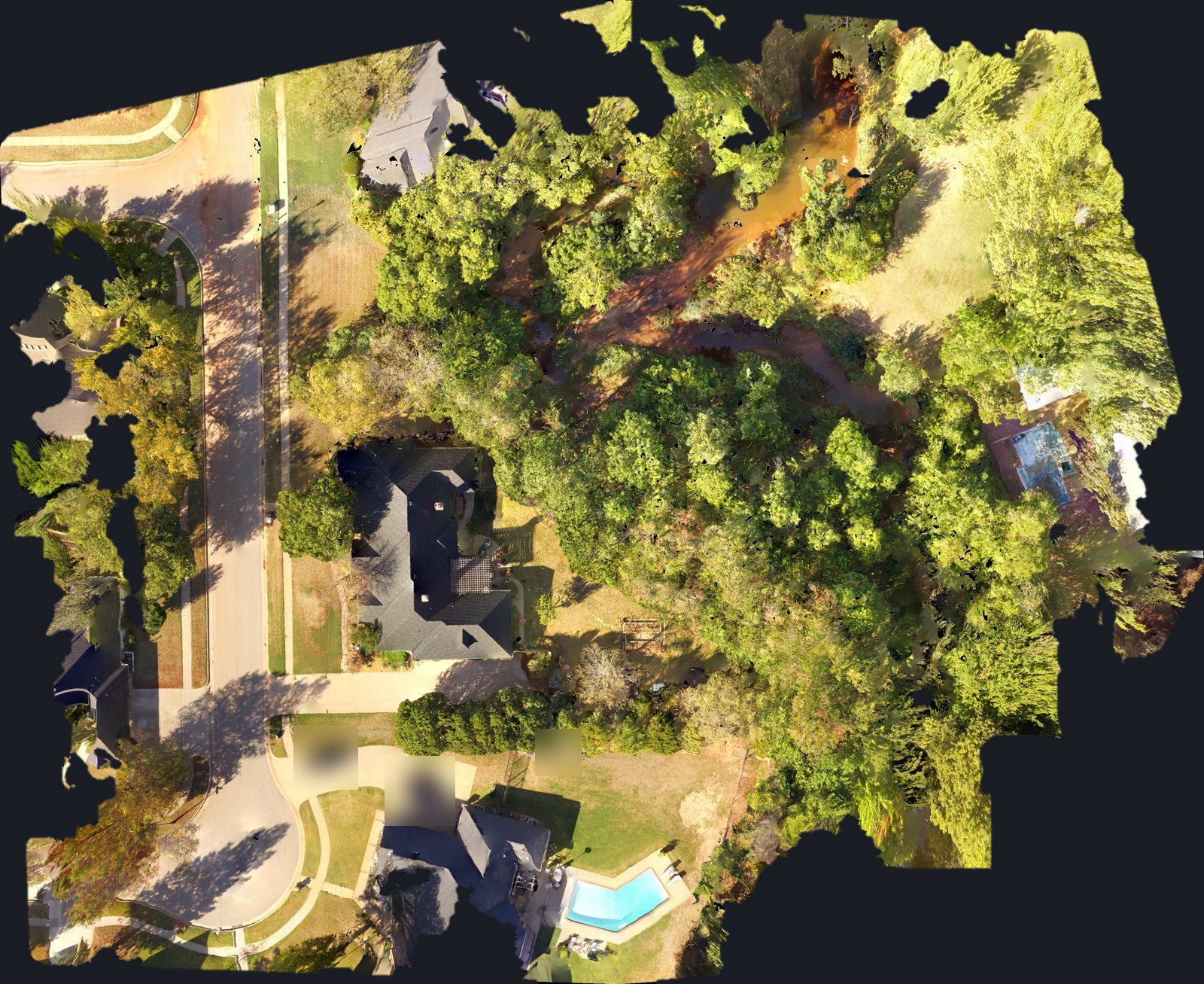 Top-down aerial map stitched from drone photos of a residential lot
